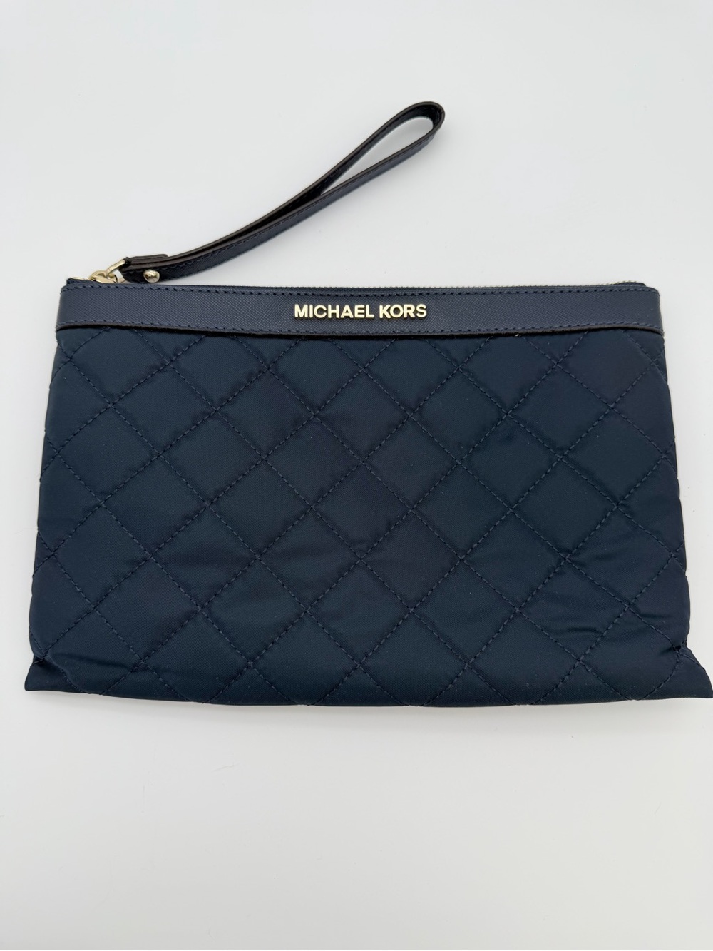 Michael Kors Navy Blue Quilted Wristlet Clutch Gold Tone Zip